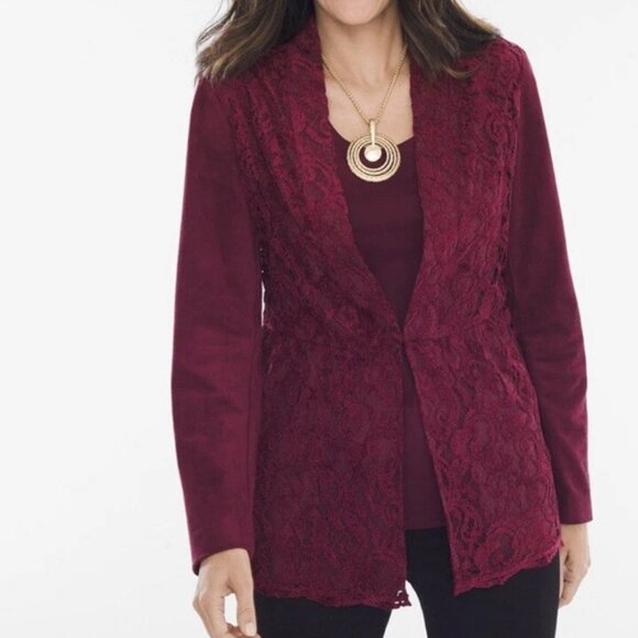 Chico's Lace Front Faux Suede Blazer Jacket 0 S 4 Women's Cranberry Red - Picture 2 of 9